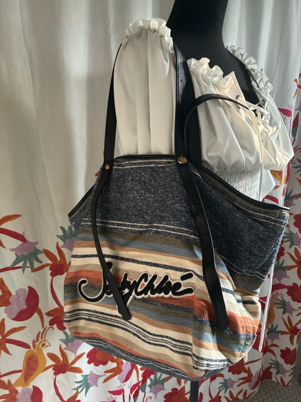 See By Chloé Striped Multicolor Canvas Tote Purse Beach Bag Leather Straps